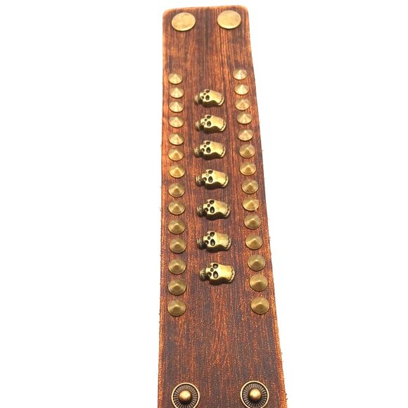 Skull and Spiked Brown Leather Bracelet-New 9 Inches Unisex - Picture 2 of 8